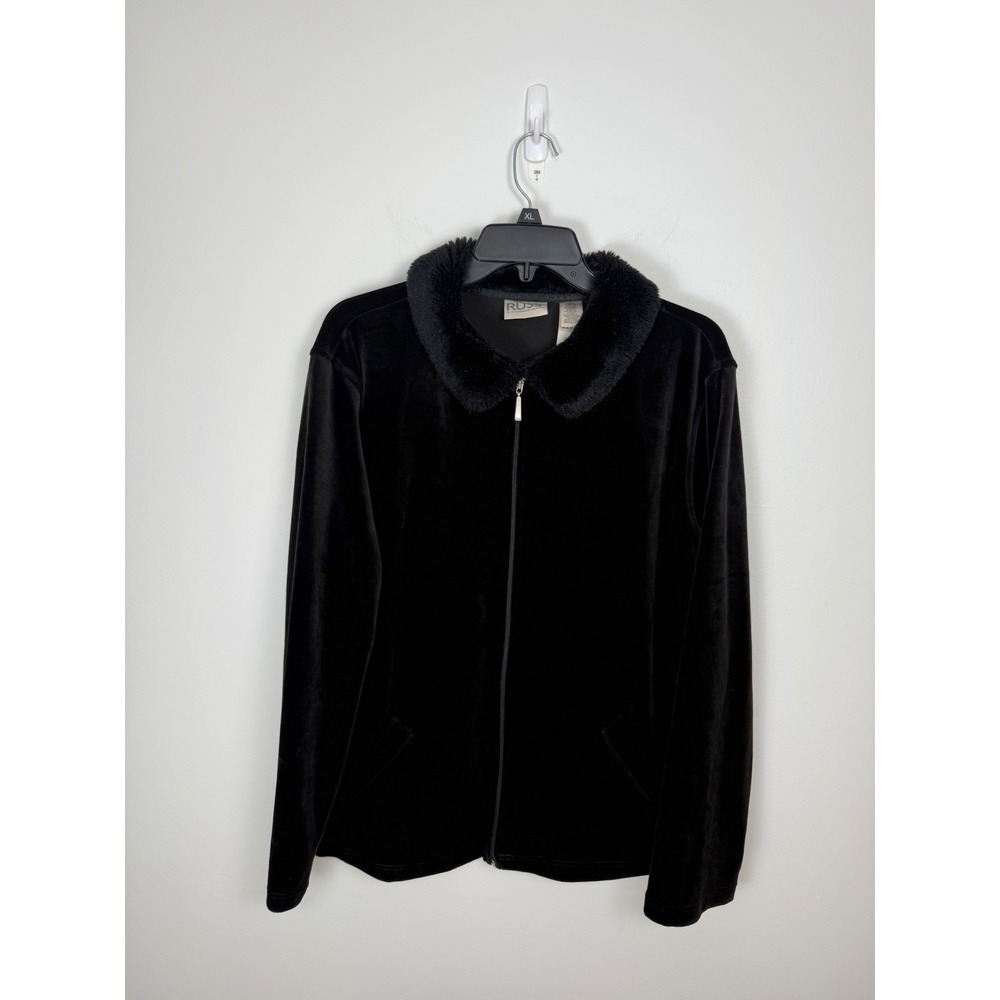 Russ Liz Claiborne Black Velour Zip Up Jacket Faux Fur Collar Large 12/14